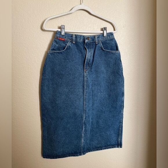 Vintage Wrangler Denim Midi Skirt Sz 6 in Mid Blue - Picture 1 of 6